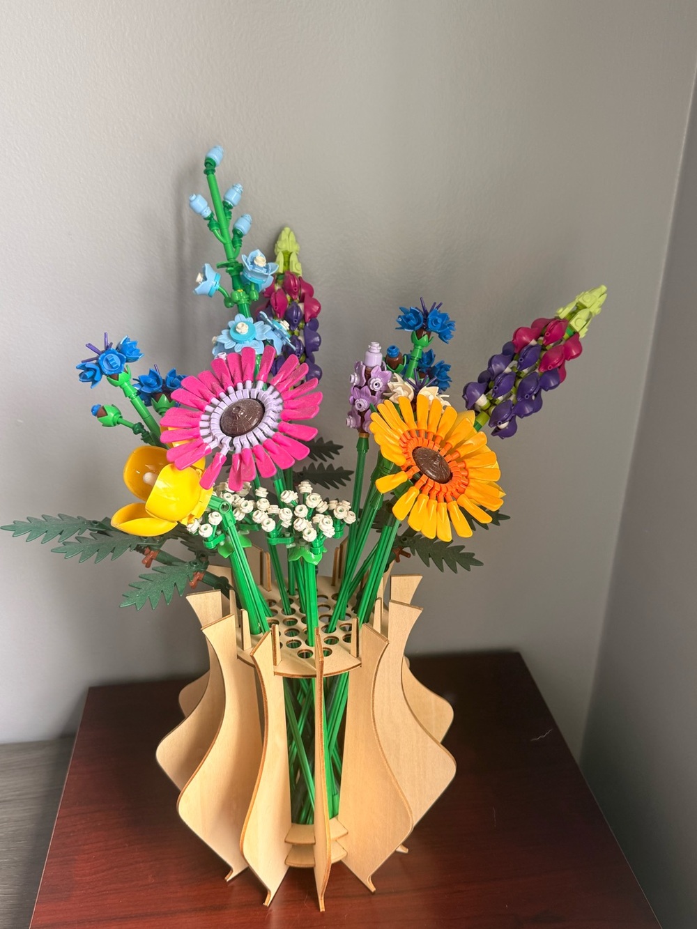 Lego bouquet with wood vase